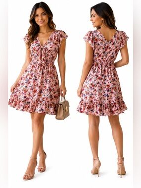 BCBGMAXAZRIA Pink Floral Ruffle Hem Mini Dress Size 0 NWT  Romantic Cottagecore